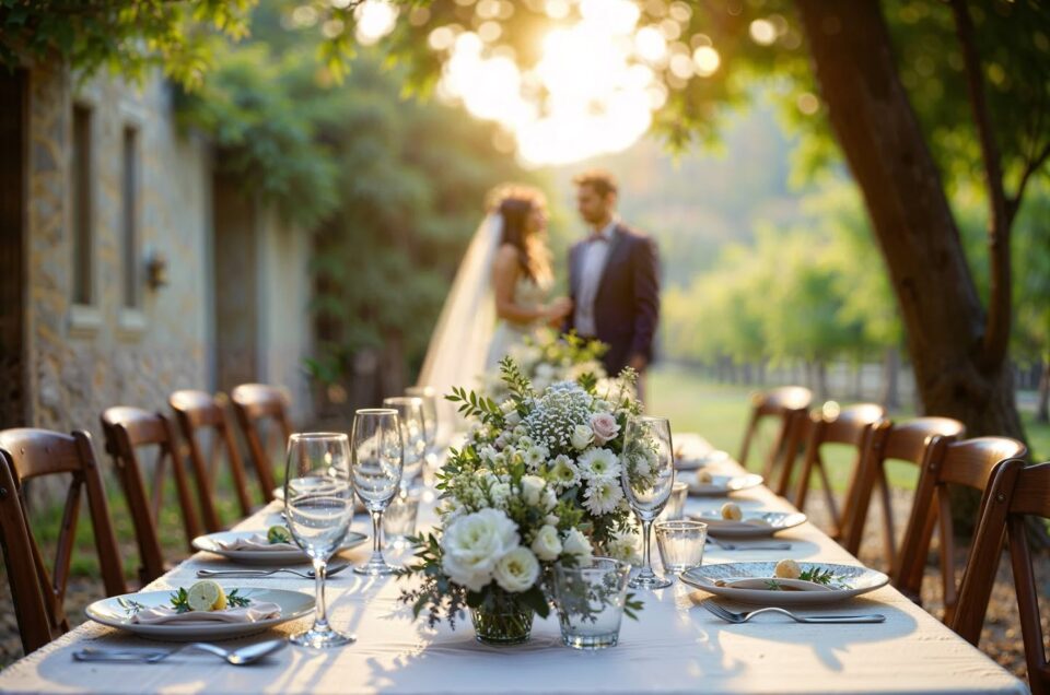 couple standing by wedding table